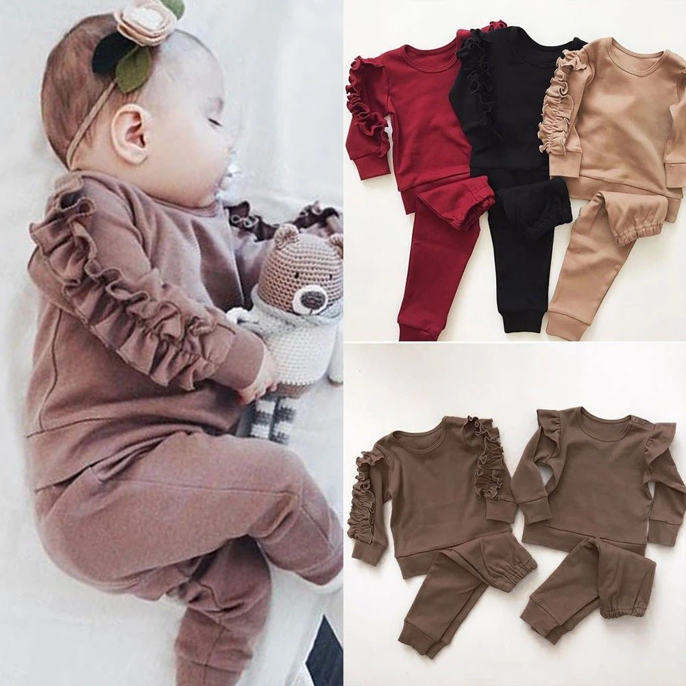 Infant baby ruffles jumper and long sleeve shirt set by Ancient Energy, solid color 2-piece fall outfit for boys and girls.