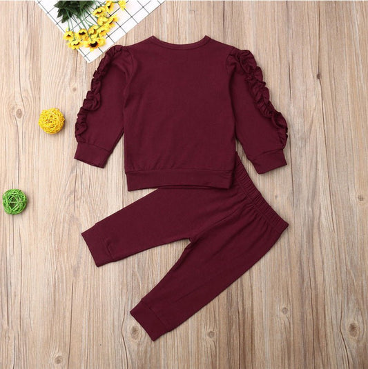 Ancient Energy infant baby ruffle jumper and long sleeve top set for boys and girls, 2-piece fall outfit, solid color, cozy and stylish.