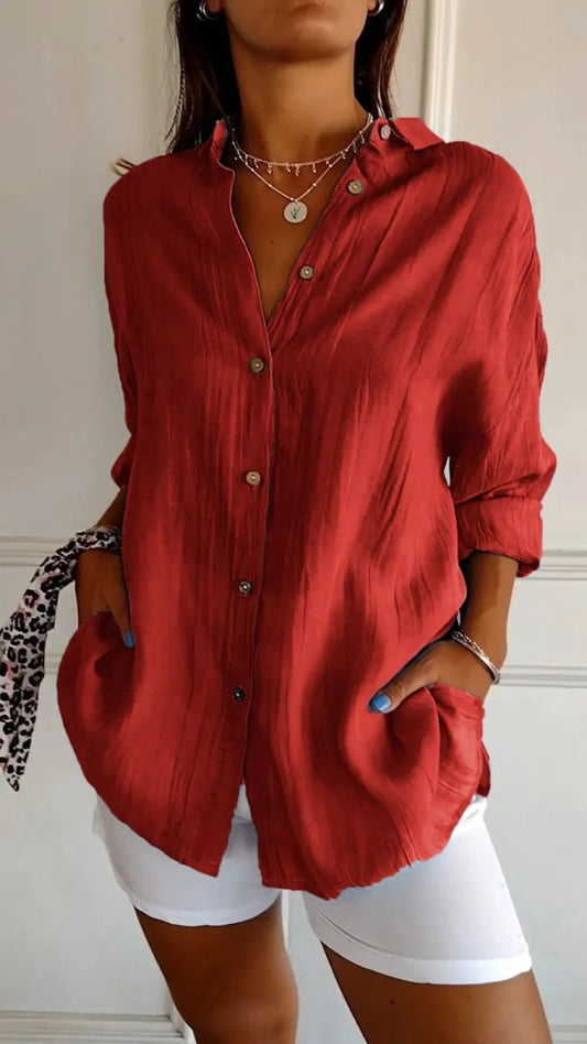 Women's lapel long sleeve shirt by Ancient Energy featuring a single-breasted design and pleated detailing.