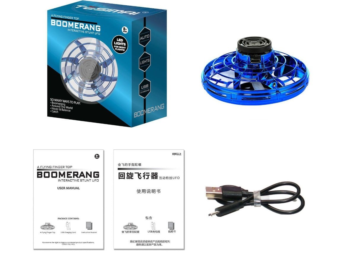Ancient Energy LED UFO flying helicopter spinner toy for kids, featuring bright lights and rotating flight in mid-air.