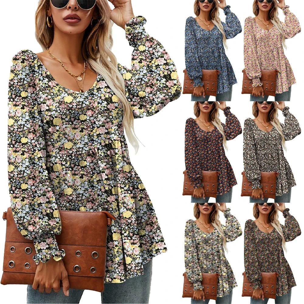 Ancient Energy women's long puff sleeve blouse with floral print, V-neck, casual babydoll style, perfect for everyday wear.