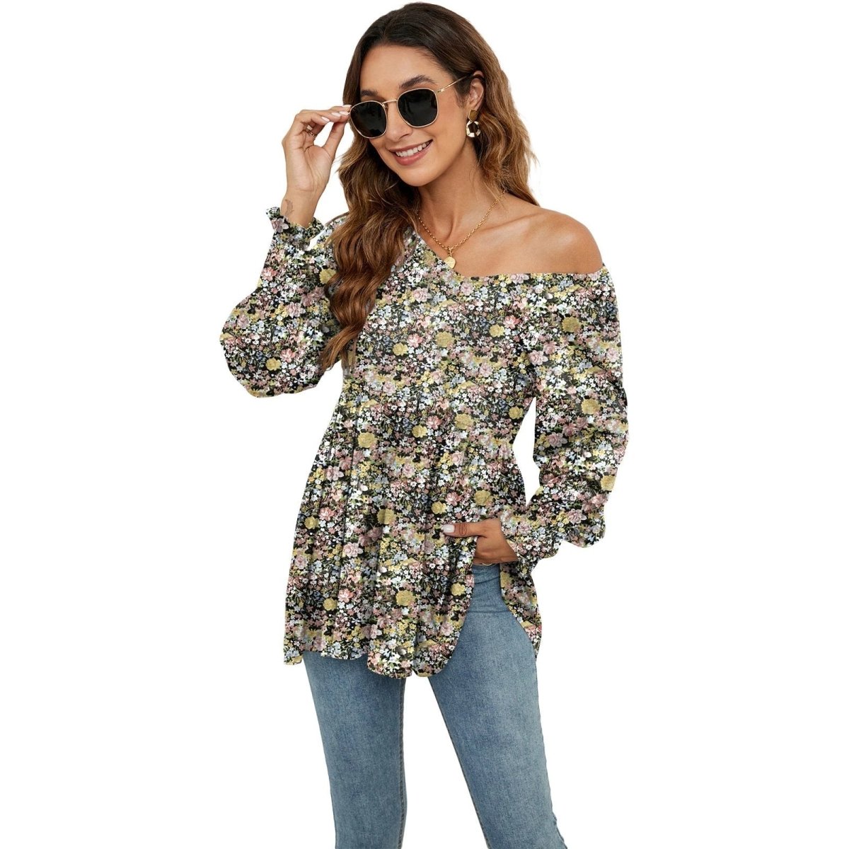 Ancient Energy women's long puff sleeve blouse with floral print, V-neck, casual babydoll top, perfect for everyday wear.