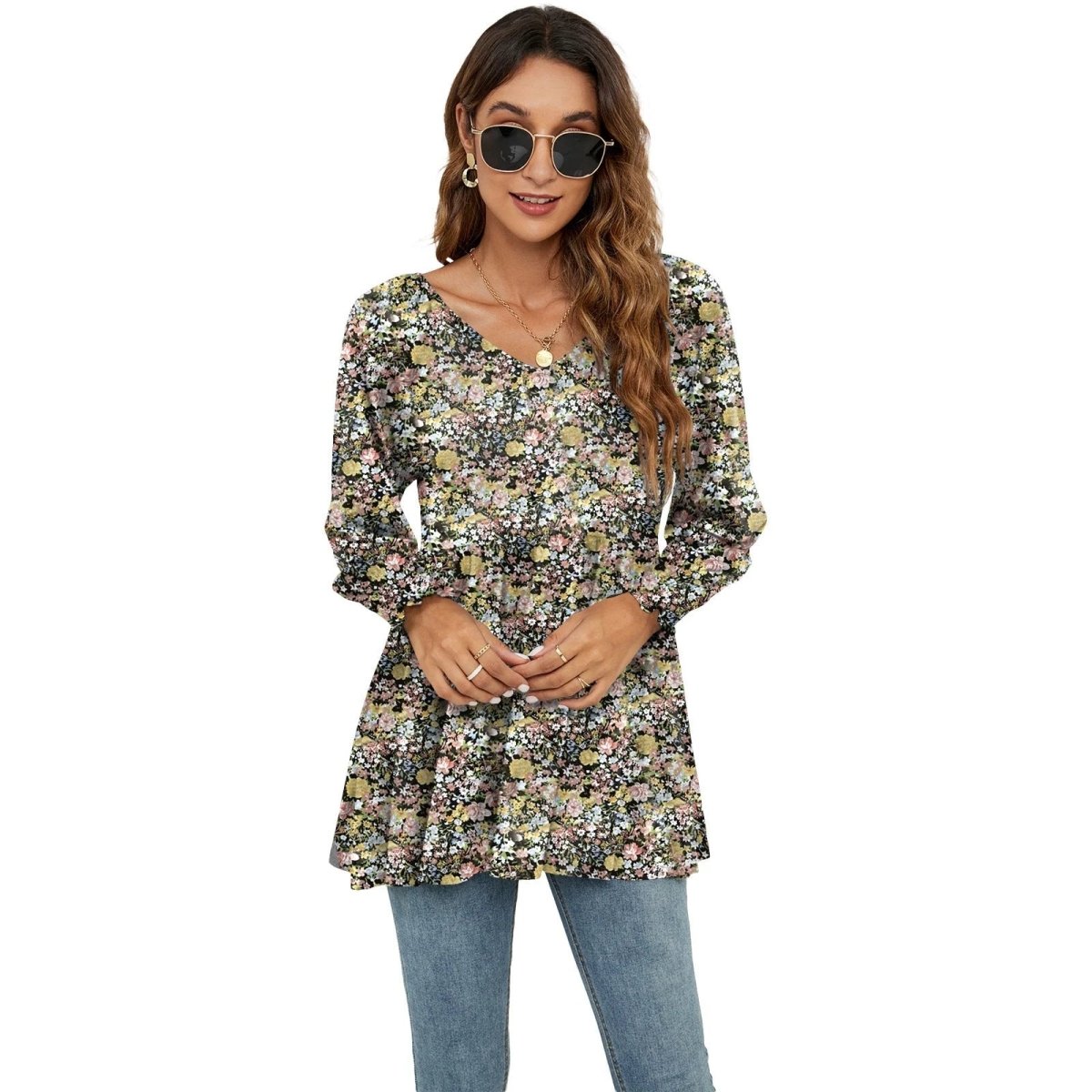 Ancient Energy women's long puff sleeve blouse with floral print, V-neck, casual babydoll style top.