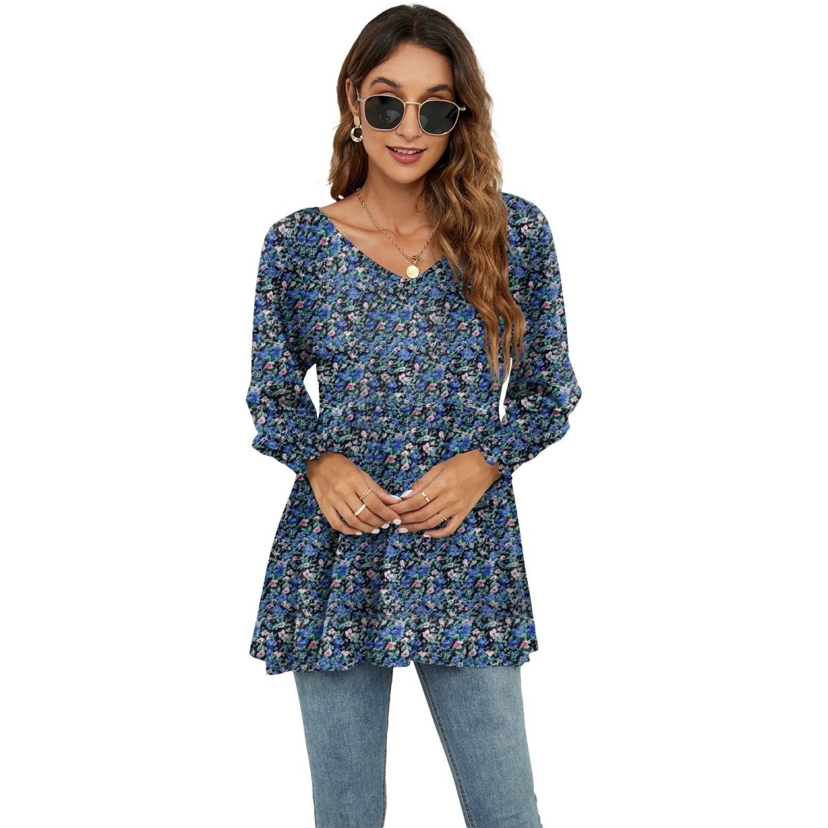 Ancient Energy women's long puff sleeve blouse with floral print, V-neck, casual babydoll style top.