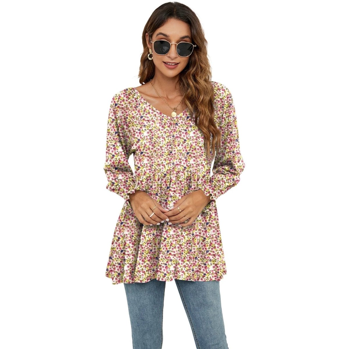 Ancient Energy women's floral print long puff sleeve blouse with V-neck, casual babydoll style top.