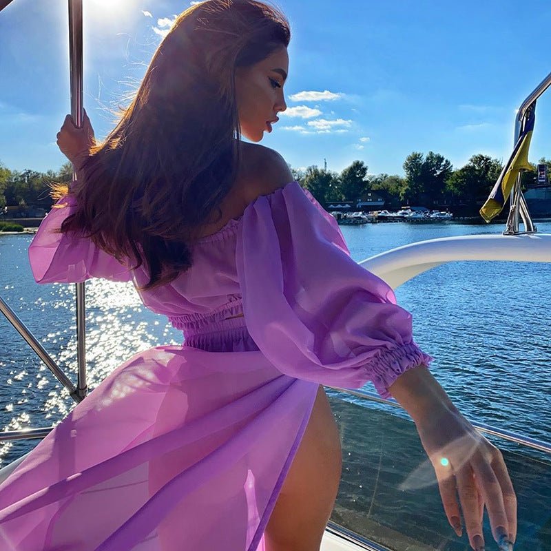 Ancient Energy long sleeve beach dress two-piece set in solid color, lightweight and stylish for seaside wear.