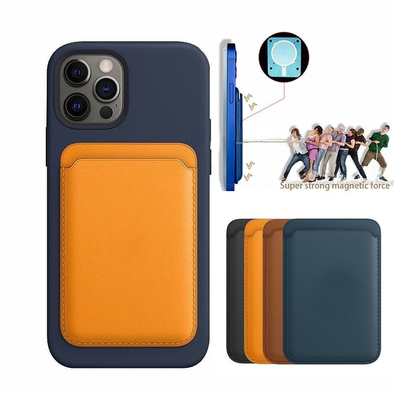 Luxury magnetic leather card holder wallet case for iPhone 14 Pro Max, 13, or 12 by Ancient Energy, featuring sleek design and card slots.