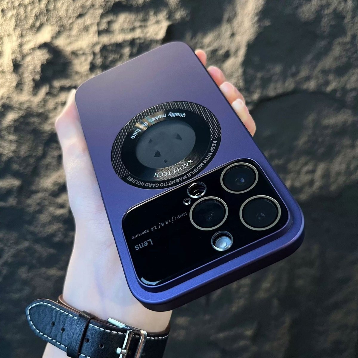 Ancient Energy magnetic suction large window protector phone case installed on a smartphone, showcasing its durable design and secure fit.