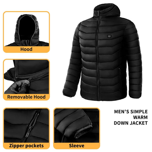 Ancient Energy men's heated puffer jacket with electric heating, insulated hood, and 9 heat zones for warmth and wind protection.