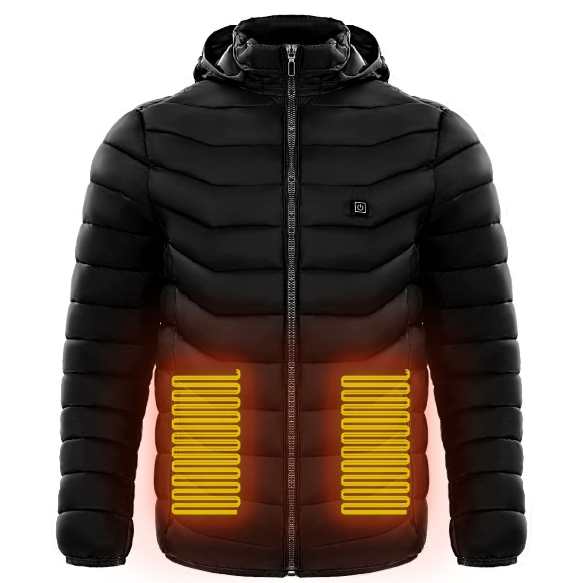 Men's heated puffer jacket by Ancient Energy with electric heating, insulated hood, windbreaker style, featuring 9 heat zones.