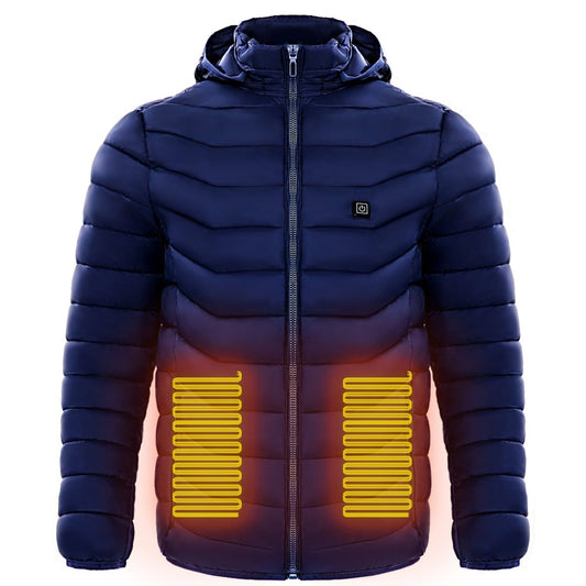 Ancient Energy men's heated puffer jacket with electric heating, insulated hood, windbreaker design, featuring 9 heat zones.