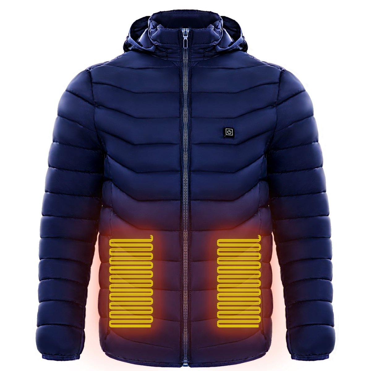 Ancient Energy men's heated puffer jacket with electric heating, insulated hood, windbreaker design, featuring 9 heat zones.