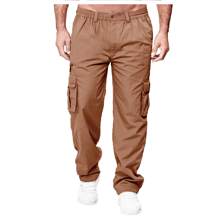 Men's casual cargo pants by Ancient Energy with multiple pockets, loose fit, and straight-leg design, shown in dark fabric.