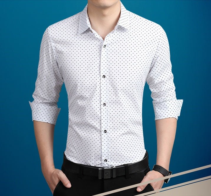 Men's polka dot long-sleeve dress shirt by Ancient Energy in plus size M-5XL, featuring a classic polka dot pattern and button-down collar.