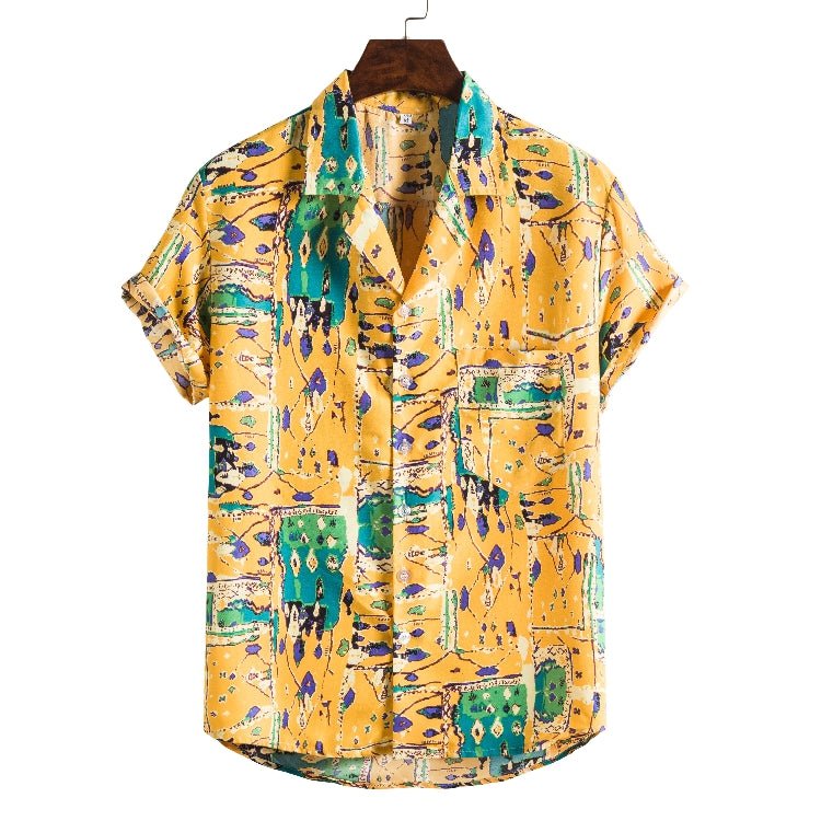 Men's short-sleeved beach shirt by Ancient Energy with vibrant new printed design, ideal for casual summer wear.