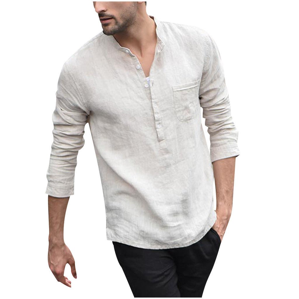 Men's vintage white linen shirt with button front from Ancient Energy, showcasing a classic and breathable design.