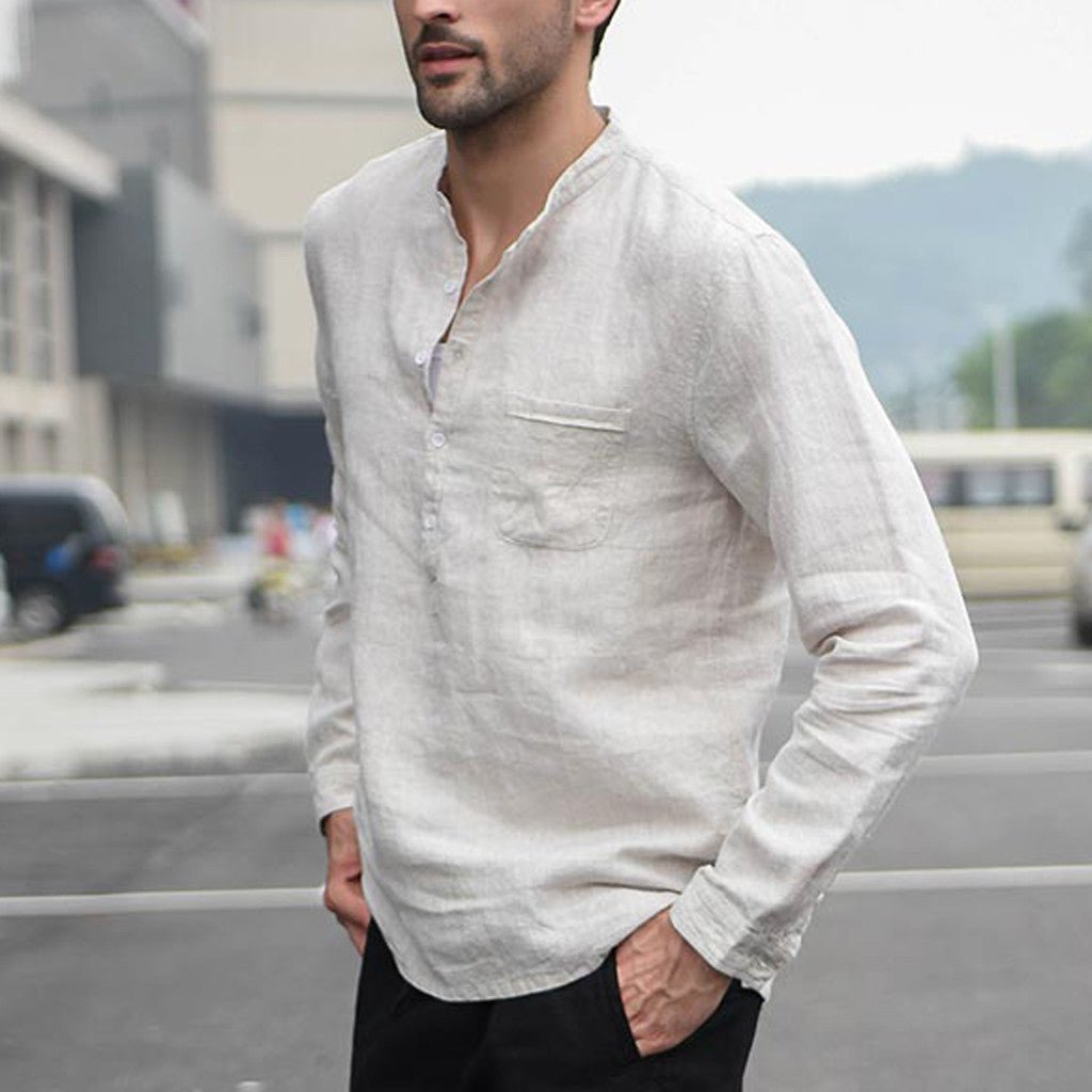 Men's vintage white linen shirt with buttons by Ancient Energy, featuring a classic fit and casual design.
