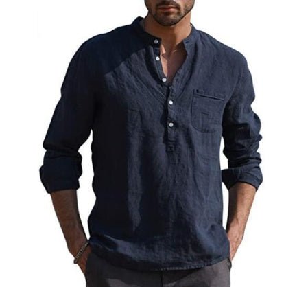 Men's vintage white linen shirt with button closure by Ancient Energy, showcasing a classic, relaxed fit and breathable fabric.