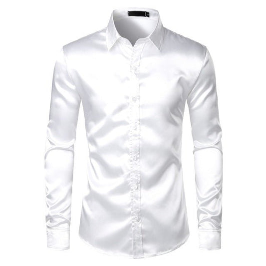 Men's black satin dress shirt by Ancient Energy, shown in a sleek, tailored fit with a classic collar and smooth satin fabric.