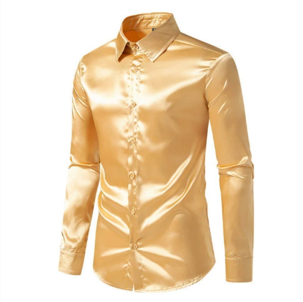 Mens black satin dress shirt by Ancient Energy, featuring a sleek, smooth fabric and classic collar for formal occasions.