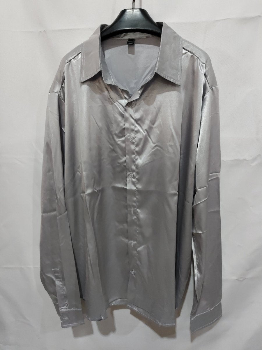 Mens black satin dress shirt by Ancient Energy, tailored fit with a sleek, smooth fabric and classic collar design.