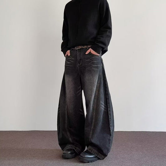 Ancient Energy men's high-street relaxed wide-leg pants in premium-looking fabric, styled casually with a folded waistband.
