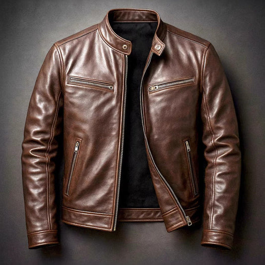 Men's black PU leather motorcycle jacket with stand-up collar by Ancient Energy, featuring a sleek, fitted design and zipper details.