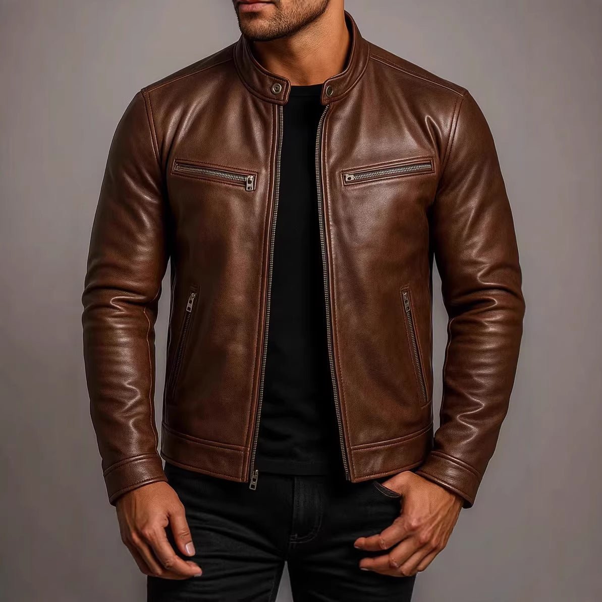 Men's PU leather motorcycle jacket with stand-up collar by Ancient Energy, featuring a sleek design and classic style.