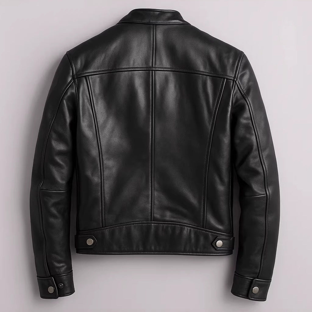 Men's black PU leather motorcycle jacket with stand-up collar from Ancient Energy, featuring a sleek, fitted design and zippered pockets.