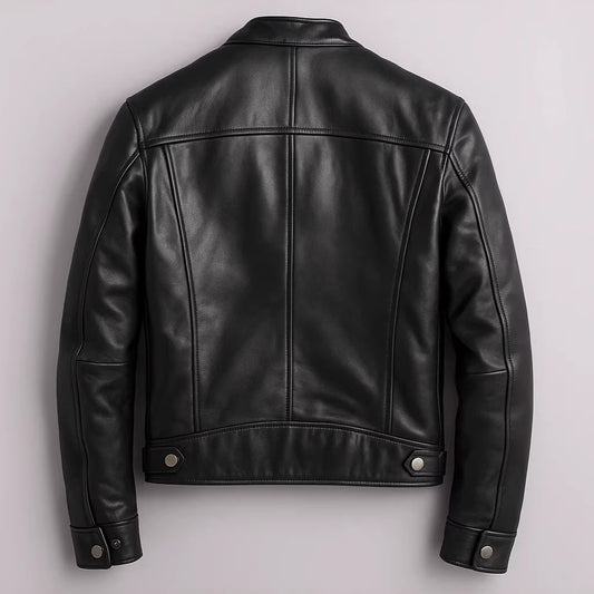 Men's black PU leather motorcycle jacket with stand-up collar from Ancient Energy, featuring a sleek, fitted design and zippered pockets.