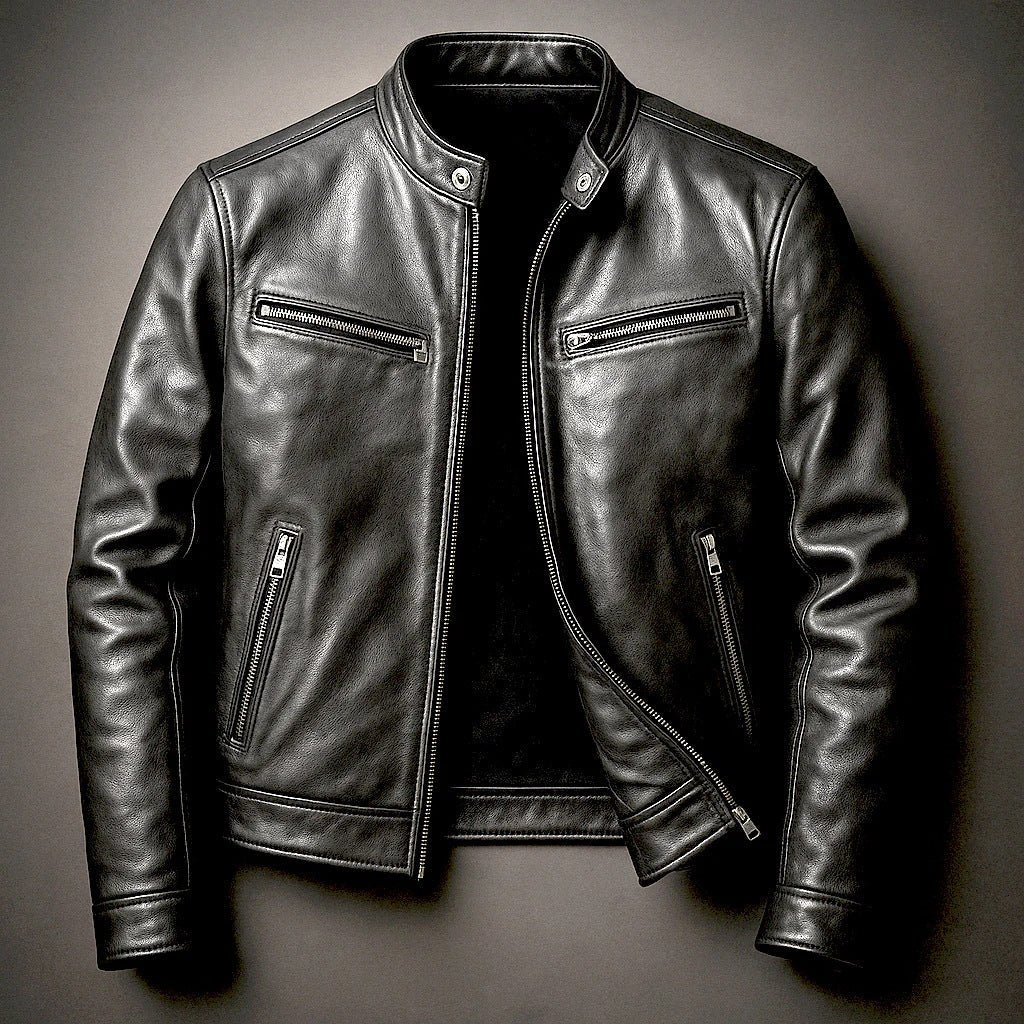 Men's black PU leather motorcycle jacket with stand-up collar by Ancient Energy, featuring a stylish and rugged design.