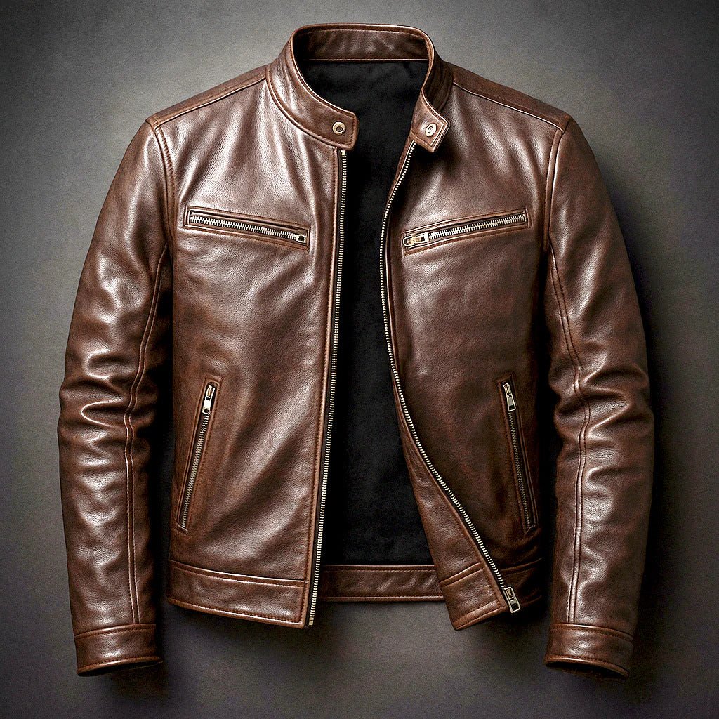 Men's black PU leather motorcycle jacket with stand-up collar from Ancient Energy, featuring a sleek, fitted design and zipper details.