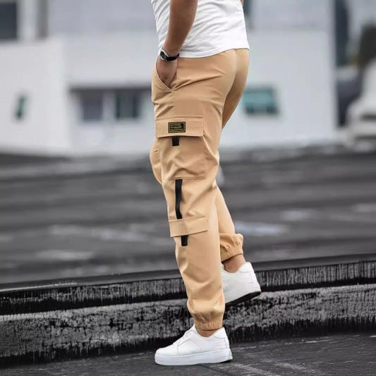 Ancient Energy men's retro jogger casual work pants in dark fabric with elastic waistband and relaxed fit, suitable for everyday wear.