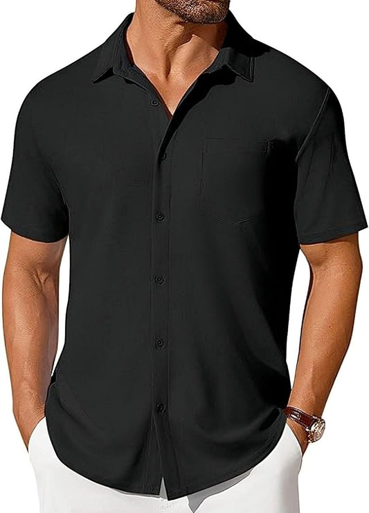 Men's short-sleeve button-up shirt by Ancient Energy with wrinkle- and crease-resistant fabric, shown in a casual fit.