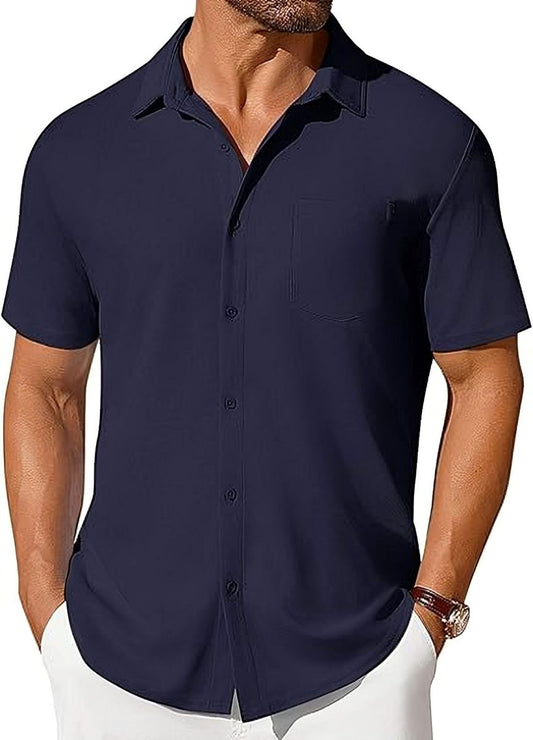 Men's short-sleeve button-up shirt by Ancient Energy, wrinkle- and crease-resistant fabric, shown in a casual fit.