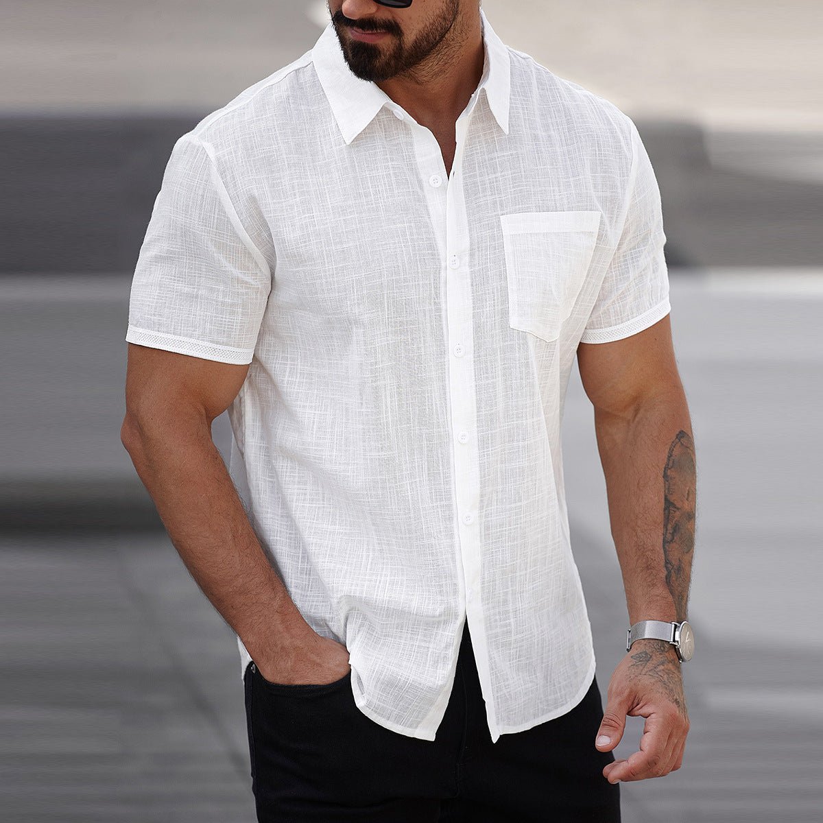 Men's short-sleeve cotton shirt with a pocket by Ancient Energy, shown in a casual style with a button-front design.