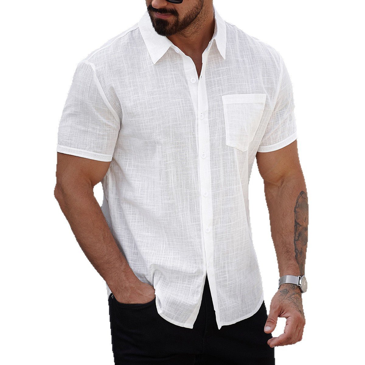Men's short-sleeve cotton shirt with pocket by Ancient Energy, featuring a casual fit and classic design.