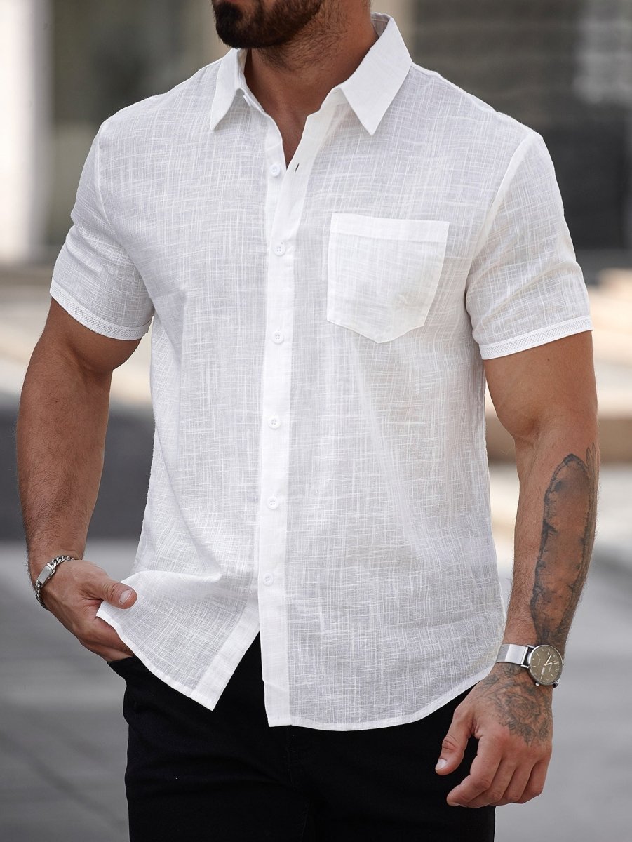 Men's short-sleeve cotton shirt with a chest pocket by Ancient Energy, featuring a classic fit and comfortable design.