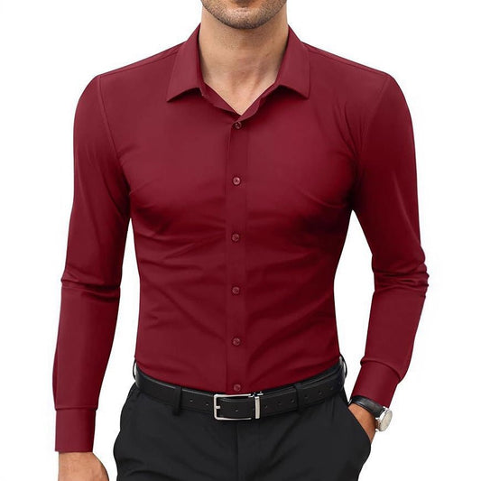 Men's slim-fit solid-color work shirt by Ancient Energy, featuring a tailored design perfect for professional attire.