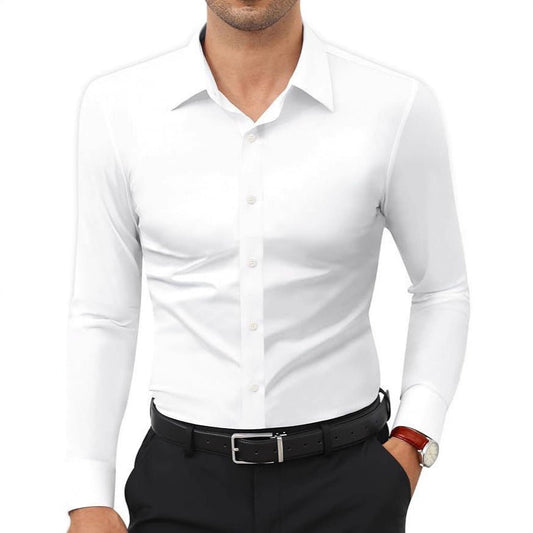 Men's slim-fit solid-color work shirt by Ancient Energy, featuring a classic design suitable for professional or casual wear.