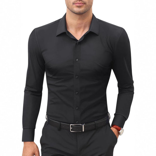 Men's slim-fit solid-color work shirt by Ancient Energy, featuring a classic design perfect for professional or casual wear.