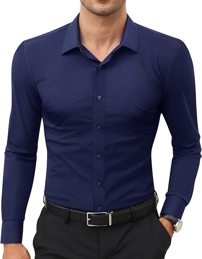 Men's slim-fit solid color work shirt by Ancient Energy, featuring a classic design, suitable for professional or casual wear.