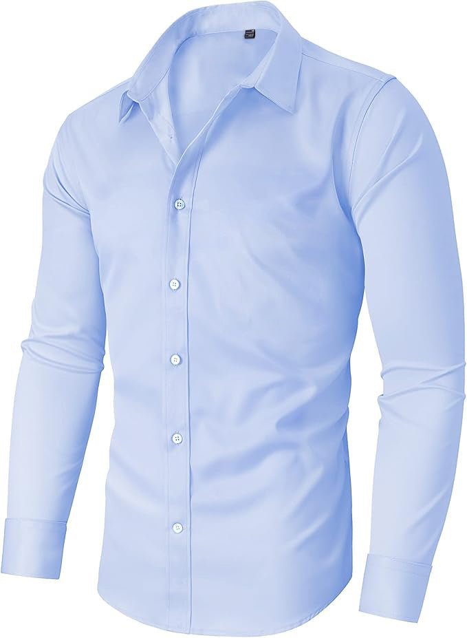 Men's slim-fit solid-color work shirt by Ancient Energy, featuring a classic design suitable for professional or casual wear.