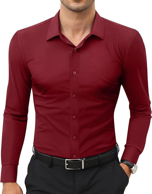 Mens slim-fit solid-color work shirt by Ancient Energy, featuring a tailored design suitable for professional or casual wear.