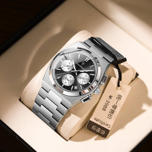 Ancient Energy men's waterproof multifunctional luminous ultra-thin watch showing time and features on a sleek black dial.