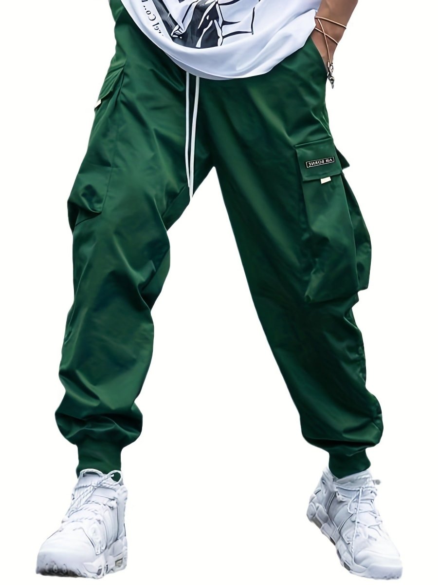 Men's cargo pants by Ancient Energy featuring multiple pockets, casual hip-hop style, drawstring waist, suitable for outdoor streetwear and sports.