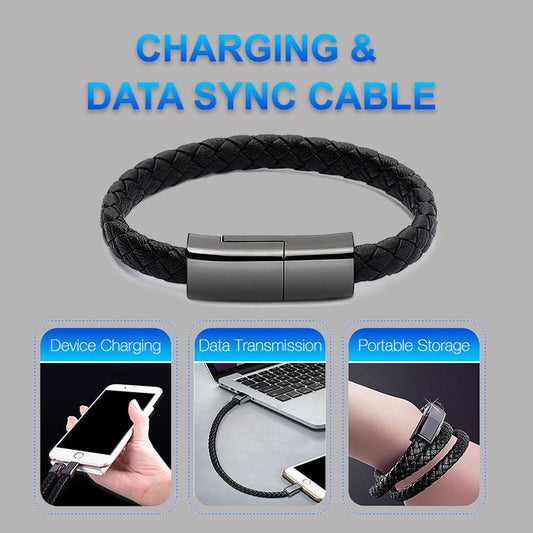 Ancient Energy bracelet-style USB charging cable for iPhone 14, 13 Max, with USB C and micro USB connectors on a white background.
