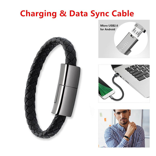 Ancient Energy bracelet USB charging cable for iPhone 14 and 13 Max, with USB-C and Micro USB connectors, flexible and portable.