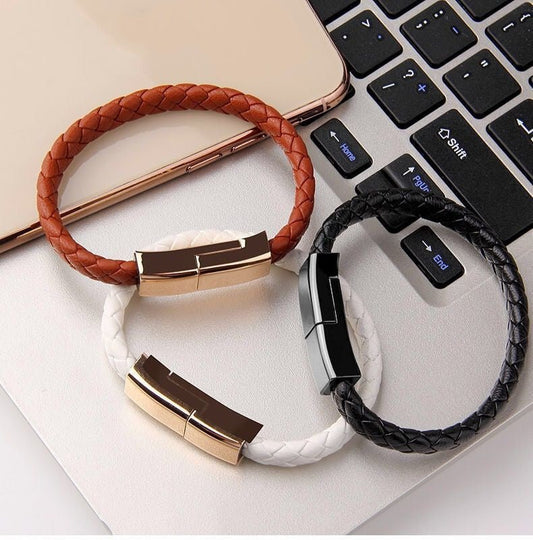 Ancient Energy bracelet-style USB charging cable for iPhone 14 and 13 Max, with USB-C and Micro USB connectors.