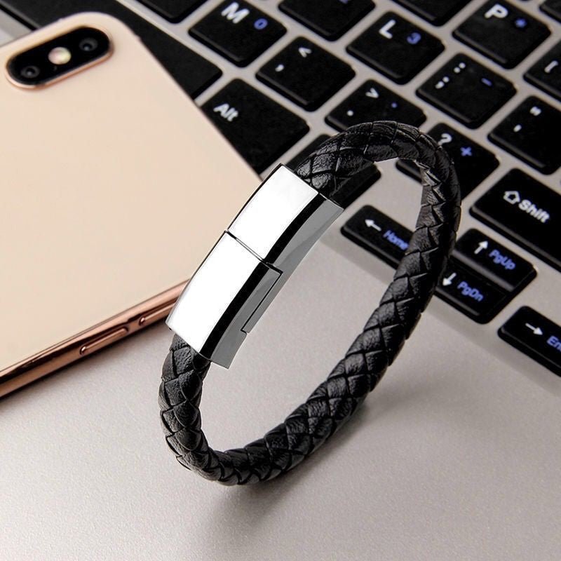 Ancient Energy bracelet USB charging cable for iPhone 14 and 13 Max, featuring a compact, stylish design with USB-C and Micro USB ports.
